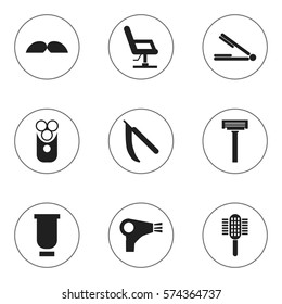 Set Of 9 Editable Hairdresser Icons. Includes Symbols Such As Elbow Chair, Whiskers, Cutter Apparatus And More. Can Be Used For Web, Mobile, UI And Infographic Design.