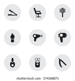 Set Of 9 Editable Hairdresser Icons. Includes Symbols Such As Take The Hair Dryer, Elbow Chair, Cutter Apparatus And More. Can Be Used For Web, Mobile, UI And Infographic Design.