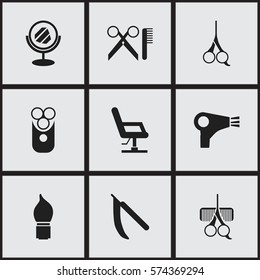 Set Of 9 Editable Hairdresser Icons. Includes Symbols Such As Scrub, Elbow Chair, Peeper And More. Can Be Used For Web, Mobile, UI And Infographic Design.