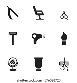 Set Of 9 Editable Hairdresser Icons. Includes Symbols Such As Hairdresser Set, Cut Tool, Blade And More. Can Be Used For Web, Mobile, UI And Infographic Design.