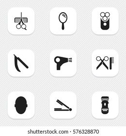 Set Of 9 Editable Hairdresser Icons. Includes Symbols Such As Hairdresser Set, Barber Tools, Reflector And More. Can Be Used For Web, Mobile, UI And Infographic Design.