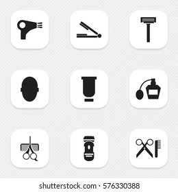 Set Of 9 Editable Hairdresser Icons. Includes Symbols Such As Take The Hair Dryer, Brains, Barber Tools And More. Can Be Used For Web, Mobile, UI And Infographic Design.