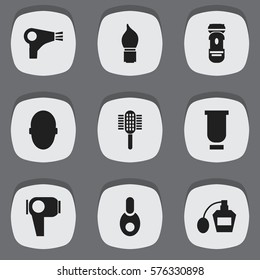 Set Of 9 Editable Hairdresser Icons. Includes Symbols Such As Vial, Desiccator, Container And More. Can Be Used For Web, Mobile, UI And Infographic Design.