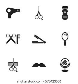 Set Of 9 Editable Hairdresser Icons. Includes Symbols Such As Hairdresser Set, Shaving, Whiskers And More. Can Be Used For Web, Mobile, UI And Infographic Design.