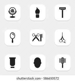 Set Of 9 Editable Hairdresser Icons. Includes Symbols Such As Barber Tools, Container, Charger And More. Can Be Used For Web, Mobile, UI And Infographic Design.