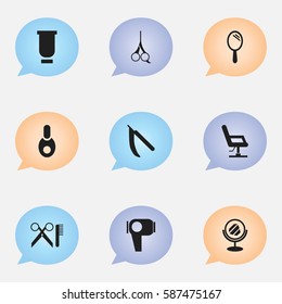 Set Of 9 Editable Hairdresser Icons. Includes Symbols Such As Barber Tools, Vial, Blade And More. Can Be Used For Web, Mobile, UI And Infographic Design.