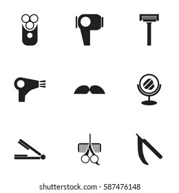 Set Of 9 Editable Hairdresser Icons. Includes Symbols Such As Take The Hair Dryer, Desiccator, Shaver And More. Can Be Used For Web, Mobile, UI And Infographic Design.