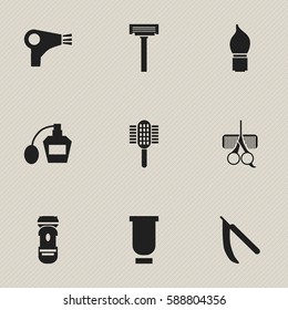 Set Of 9 Editable Hairdresser Icons. Includes Symbols Such As Scent, Scrub, Container And More. Can Be Used For Web, Mobile, UI And Infographic Design.