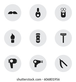 Set Of 9 Editable Hairdresser Icons. Includes Symbols Such As Shaver, Cutter Apparatus, Whiskers And More. Can Be Used For Web, Mobile, UI And Infographic Design.