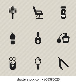 Set Of 9 Editable Hairdresser Icons. Includes Symbols Such As Scrub, Charger, Reflector And More. Can Be Used For Web, Mobile, UI And Infographic Design.