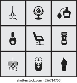 Set Of 9 Editable Hairstylist Icons. Includes Symbols Such As Scrub, Cutter Apparatus, Shaving And More. Can Be Used For Web, Mobile, UI And Infographic Design.