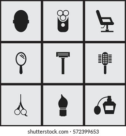 Set Of 9 Editable Hairstylist Icons. Includes Symbols Such As Elbow Chair, Cutter Apparatus, Reflector And More. Can Be Used For Web, Mobile, UI And Infographic Design.