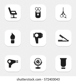 Set Of 9 Editable Hairstylist Icons. Includes Symbols Such As Container, Elbow Chair, Scrub And More. Can Be Used For Web, Mobile, UI And Infographic Design.