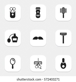 Set Of 9 Editable Hairstylist Icons. Includes Symbols Such As Shaver, Whiskers, Cutter Apparatus And More. Can Be Used For Web, Mobile, UI And Infographic Design.