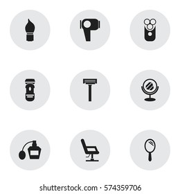 Set Of 9 Editable Hairstylist Icons. Includes Symbols Such As Shaving, Elbow Chair, Shaver And More. Can Be Used For Web, Mobile, UI And Infographic Design.