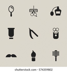 Set Of 9 Editable Hairstylist Icons. Includes Symbols Such As Scent, Cutter Apparatus, Scrub And More. Can Be Used For Web, Mobile, UI And Infographic Design.