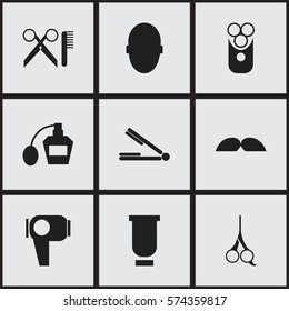 Set Of 9 Editable Hairstylist Icons. Includes Symbols Such As Scent, Hair Drier, Container And More. Can Be Used For Web, Mobile, UI And Infographic Design.