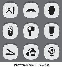 Set Of 9 Editable Hairstylist Icons. Includes Symbols Such As Peeper, Container, Cutter Apparatus And More. Can Be Used For Web, Mobile, UI And Infographic Design.