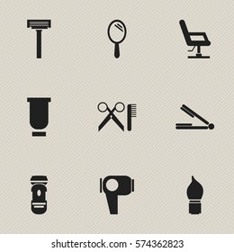 Set Of 9 Editable Hairstylist Icons. Includes Symbols Such As Scrub, Reflector, Take The Hair Dryer And More. Can Be Used For Web, Mobile, UI And Infographic Design.