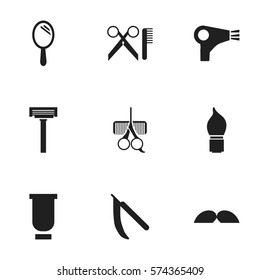 Set Of 9 Editable Hairstylist Icons. Includes Symbols Such As Shaver, Barber Tools, Whiskers And More. Can Be Used For Web, Mobile, UI And Infographic Design.