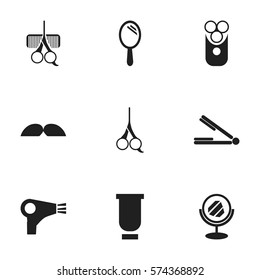 Set Of 9 Editable Hairstylist Icons. Includes Symbols Such As Cutter Apparatus, Peeper, Cut Tool And More. Can Be Used For Web, Mobile, UI And Infographic Design.