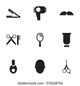 Set Of 9 Editable Hairstylist Icons. Includes Symbols Such As Barber Tools, Whiskers, Container And More. Can Be Used For Web, Mobile, UI And Infographic Design.