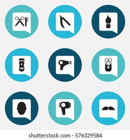 Set Of 9 Editable Hairstylist Icons. Includes Symbols Such As Scrub, Whiskers, Hair Drier And More. Can Be Used For Web, Mobile, UI And Infographic Design.