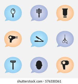 Set Of 9 Editable Hairstylist Icons. Includes Symbols Such As Cut Tool, Desiccator, Container And More. Can Be Used For Web, Mobile, UI And Infographic Design.
