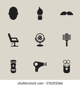 Set Of 9 Editable Hairstylist Icons. Includes Symbols Such As Whiskers, Peeper, Charger And More. Can Be Used For Web, Mobile, UI And Infographic Design.