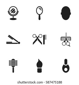 Set Of 9 Editable Hairstylist Icons. Includes Symbols Such As Hairdresser Set, Barber Tools, Reflector And More. Can Be Used For Web, Mobile, UI And Infographic Design.
