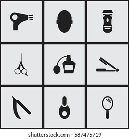 Set Of 9 Editable Hairstylist Icons. Includes Symbols Such As Cut Tool, Blade, Reflector And More. Can Be Used For Web, Mobile, UI And Infographic Design.