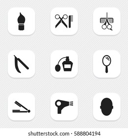 Set Of 9 Editable Hairstylist Icons. Includes Symbols Such As Scrub, Scent, Reflector And More. Can Be Used For Web, Mobile, UI And Infographic Design.