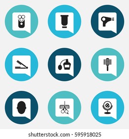 Set Of 9 Editable Hairstylist Icons. Includes Symbols Such As Hairdresser Set, Charger, Desiccator And More. Can Be Used For Web, Mobile, UI And Infographic Design.