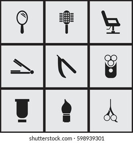 Set Of 9 Editable Hairstylist Icons. Includes Symbols Such As Elbow Chair, Container, Reflector And More. Can Be Used For Web, Mobile, UI And Infographic Design.