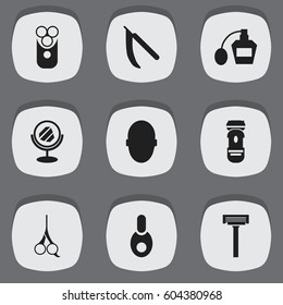 Set Of 9 Editable Hairstylist Icons. Includes Symbols Such As Peeper, Shaver, Scent And More. Can Be Used For Web, Mobile, UI And Infographic Design.