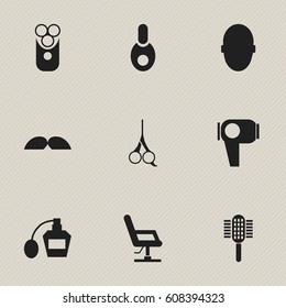 Set Of 9 Editable Hairstylist Icons. Includes Symbols Such As Whiskers, Cutter Apparatus, Brains And More. Can Be Used For Web, Mobile, UI And Infographic Design.