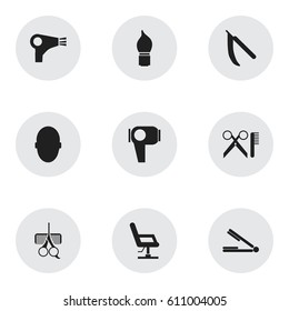 Set Of 9 Editable Hairstylist Icons. Includes Symbols Such As Hair Drier, Take The Hair Dryer, Blade And More. Can Be Used For Web, Mobile, UI And Infographic Design.