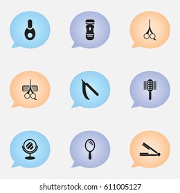 Set Of 9 Editable Hairstylist Icons. Includes Symbols Such As Charger, Take The Hair Dryer, Reflector And More. Can Be Used For Web, Mobile, UI And Infographic Design.
