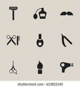 Set Of 9 Editable Hairstylist Icons. Includes Symbols Such As Barber Tools, Scrub, Blade And More. Can Be Used For Web, Mobile, UI And Infographic Design.