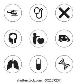 Set Of 9 Editable Health Icons. Includes Symbols Such As Intelligence, Medical Aviation, Emergency And More. Can Be Used For Web, Mobile, UI And Infographic Design.