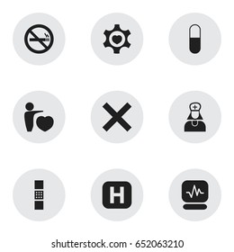 Set Of 9 Editable Health Icons. Includes Symbols Such As Human Love, Pulse, Heart And More. Can Be Used For Web, Mobile, UI And Infographic Design.
