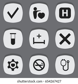 Set Of 9 Editable Health Icons. Includes Symbols Such As Heart, No Check, Stop Smoke And More. Can Be Used For Web, Mobile, UI And Infographic Design.