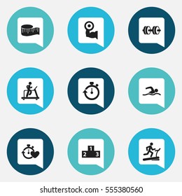 Set Of 9 Editable Healthy Icons. Includes Symbols Such As Racetrack Training, Training Pool, Health Time And More. Can Be Used For Web, Mobile, UI And Infographic Design.