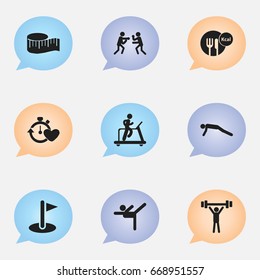 Set Of 9 Editable Healthy Icons. Includes Symbols Such As Fight, Acrobatics, Health Time And More. Can Be Used For Web, Mobile, UI And Infographic Design.