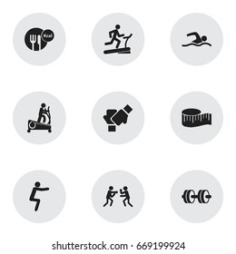 Set Of 9 Editable Healthy Icons. Includes Symbols Such As Fight, Cloth Ruler, Barbell And More. Can Be Used For Web, Mobile, UI And Infographic Design.