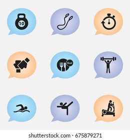 Set Of 9 Editable Healthy Icons. Includes Symbols Such As Instruction Male, Acrobatics, Stopwatch And More. Can Be Used For Web, Mobile, UI And Infographic Design.