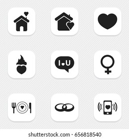 Set Of 9 Editable Heart Icons. Includes Symbols Such As Woman Symbol, House, Smartphone And More. Can Be Used For Web, Mobile, UI And Infographic Design.