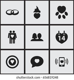 Set Of 9 Editable Heart Icons. Includes Symbols Such As Valentines Day, Couple, Smartphone And More. Can Be Used For Web, Mobile, UI And Infographic Design.
