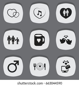 Set Of 9 Editable Heart Icons. Includes Symbols Such As Cap, Music, Decoration And More. Can Be Used For Web, Mobile, UI And Infographic Design.