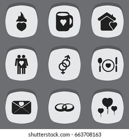 Set Of 9 Editable Heart Icons. Includes Symbols Such As Cutlery, Affection Letter, Cap And More. Can Be Used For Web, Mobile, UI And Infographic Design.